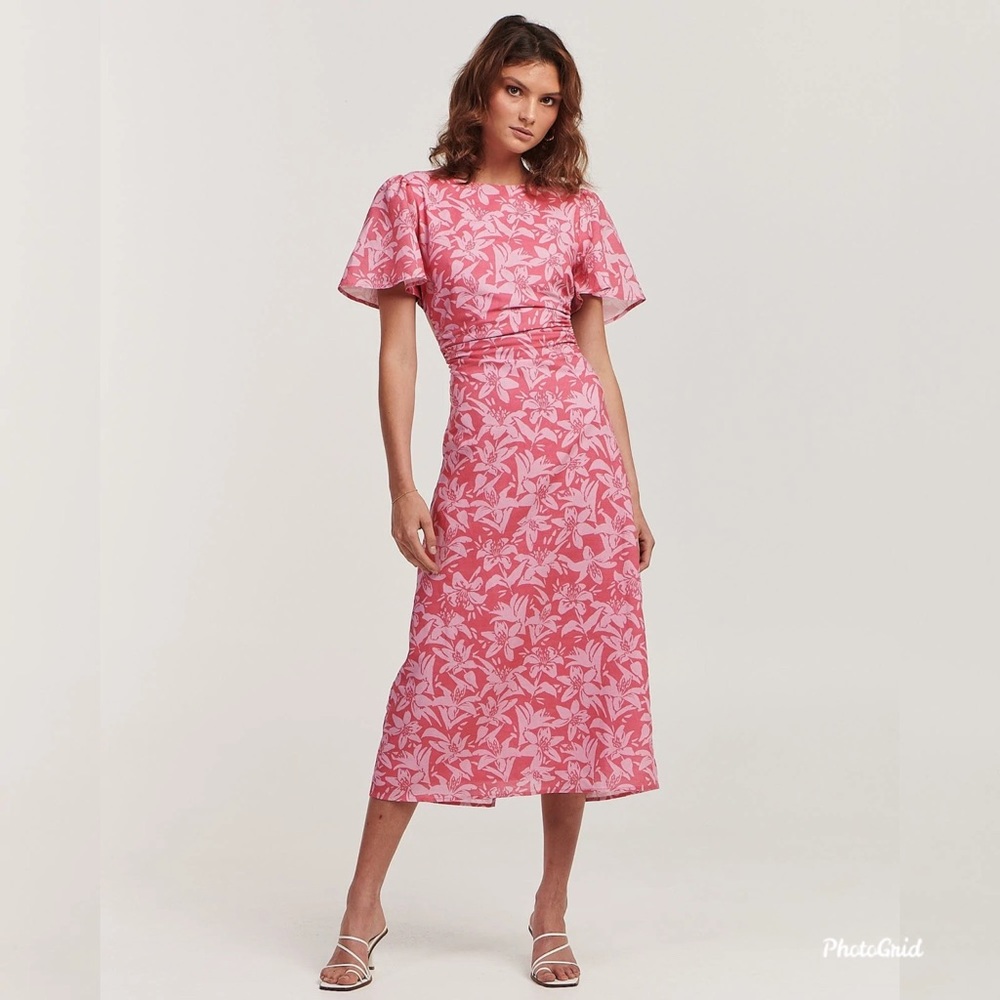 NEW Charlie Holiday "Harlow" Linen Floral Dress w/ Flutter Sleeves & Open Back - Picture 7 of 11